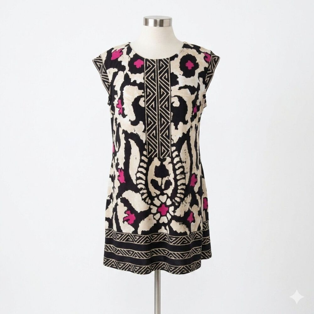 Alfani Dress Womens L  Black Pink  Stretch Shift Cap Sleeve 60's Retro Pullover